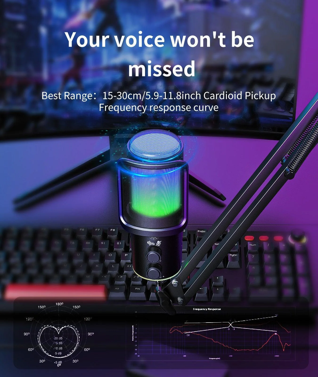 ‌ONIKUMA M530 RGB Condenser USB Microphone with Multifunctional Knob & Monitoring - Image 3