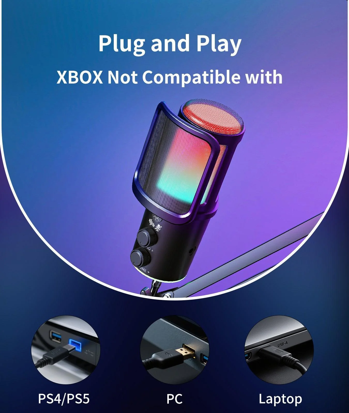 ‌ONIKUMA M530 RGB Condenser USB Microphone with Multifunctional Knob & Monitoring - Image 4